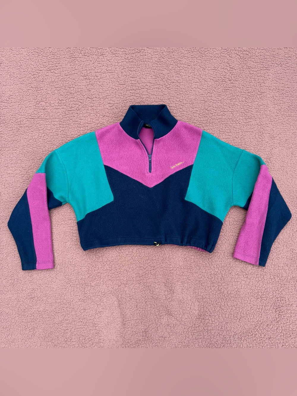 Urban Outfitters  Colorblock Cropped Fleece Jacket - Navy, Teal & Pink